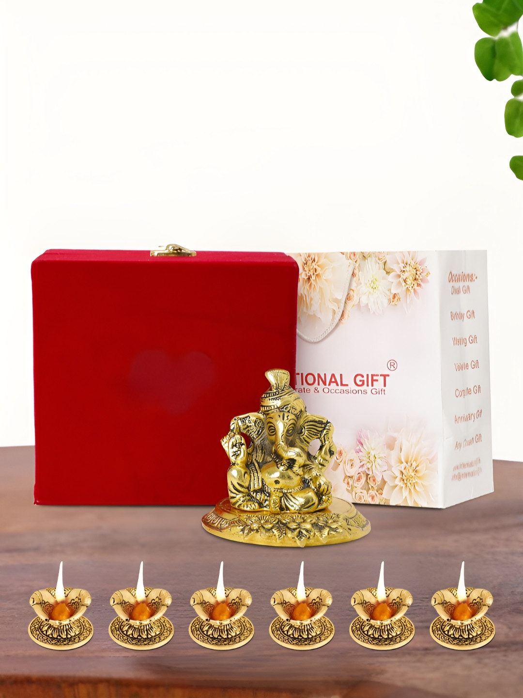 INTERNATIONAL GIFT Gold Plated Pagdi Ganesh Idol with 6 Diya Box and Bag