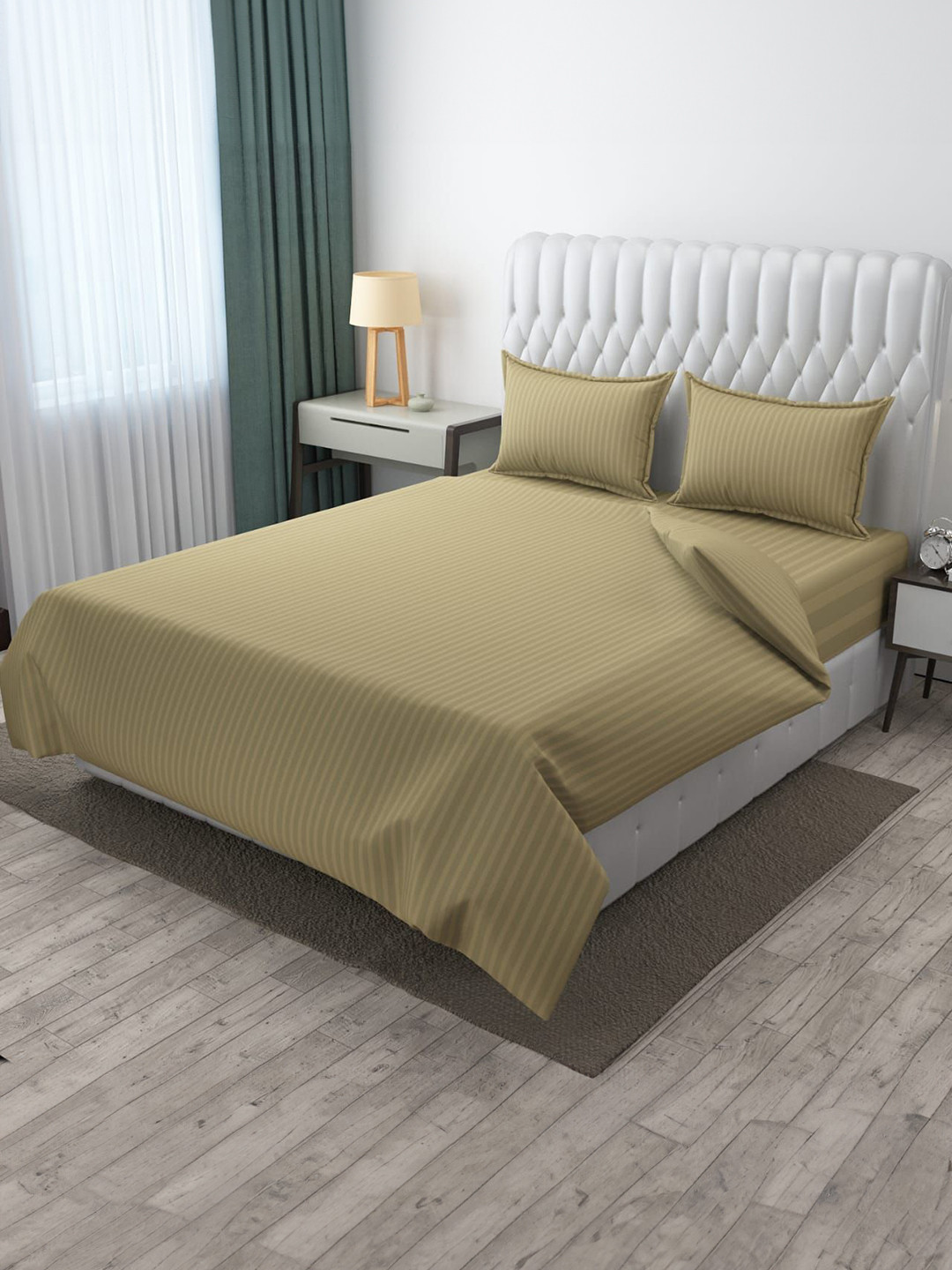 CLIO'S HERITAGE STORE Gold Striped Cotton 210 TC Queen Fine Bedsheet with 2 Pillow Covers-100 x 90 inches