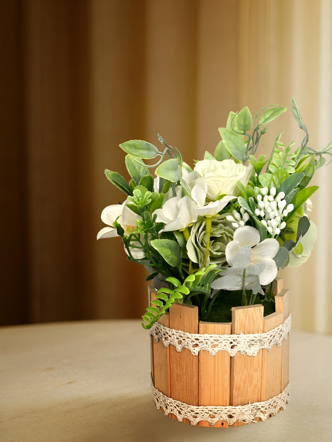Cortina White And Green Rose Artificial Flower With Wooden Pot