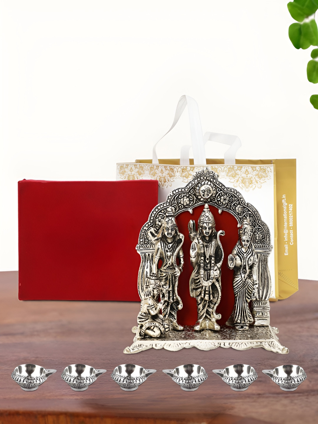 INTERNATIONAL GIFT Ram Darbar Idol with 6 Diya, Velvet Box and Carry Bag Silver Metal Metallic Prayer Room Large Showpiece - 3.7 Inches