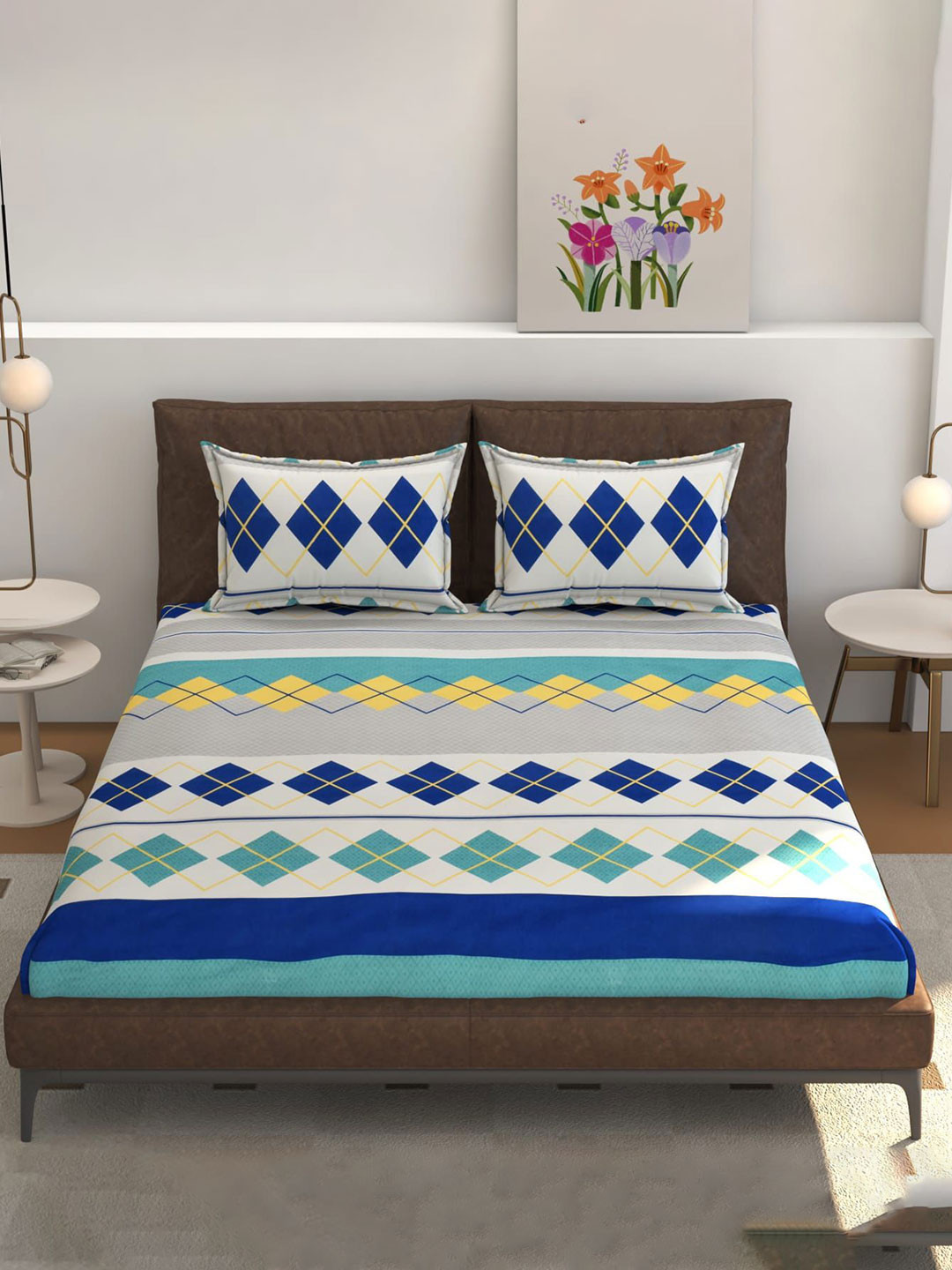 CLIO'S HERITAGE STORE White Geometric Cotton 210 TC Fitted Queen Fine Bedsheet with 2 Pillow Covers-177 x 182 cm