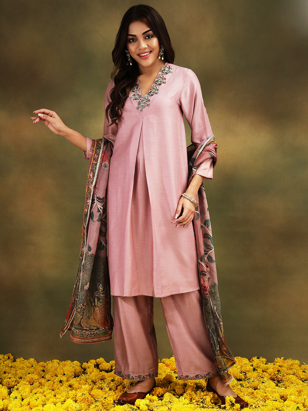 Stylefables Floral Yoke Design Thread Work A-Line Kurta With Trousers And Dupatta