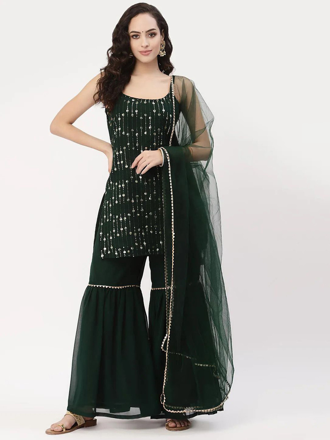 Sashay Boutique Women Floral Embroidered Regular Sequinned Kurta with Sharara & With Dupatta