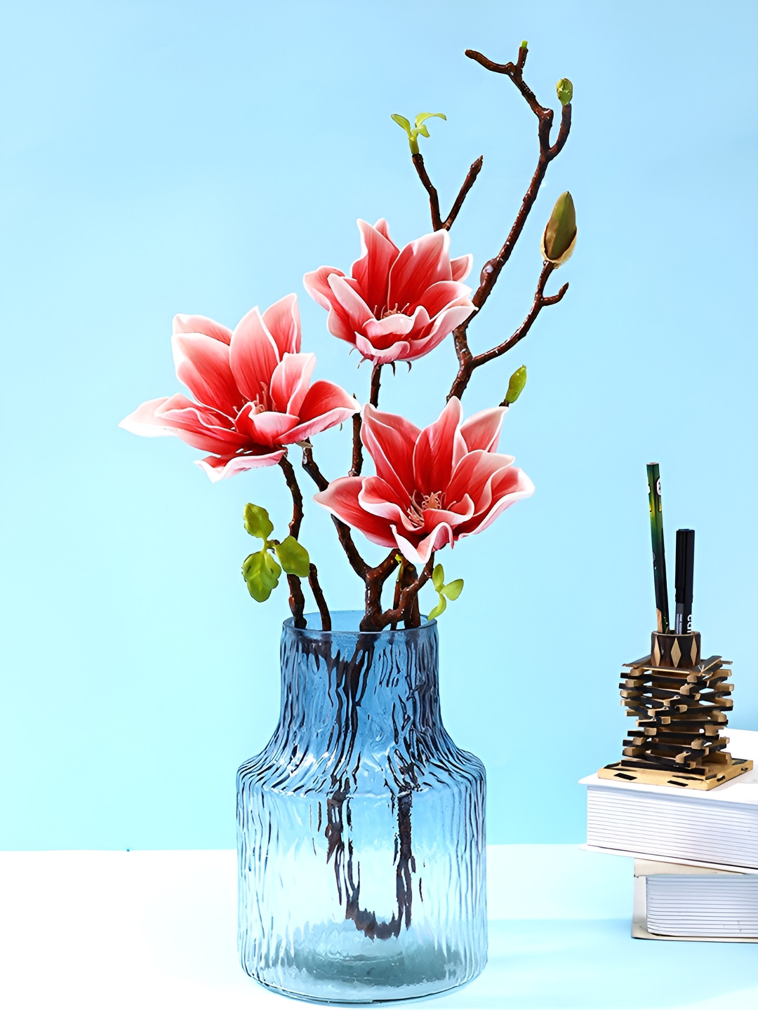 TAYHAA Pink And Green 2 Pieces Lily Artificial Flower