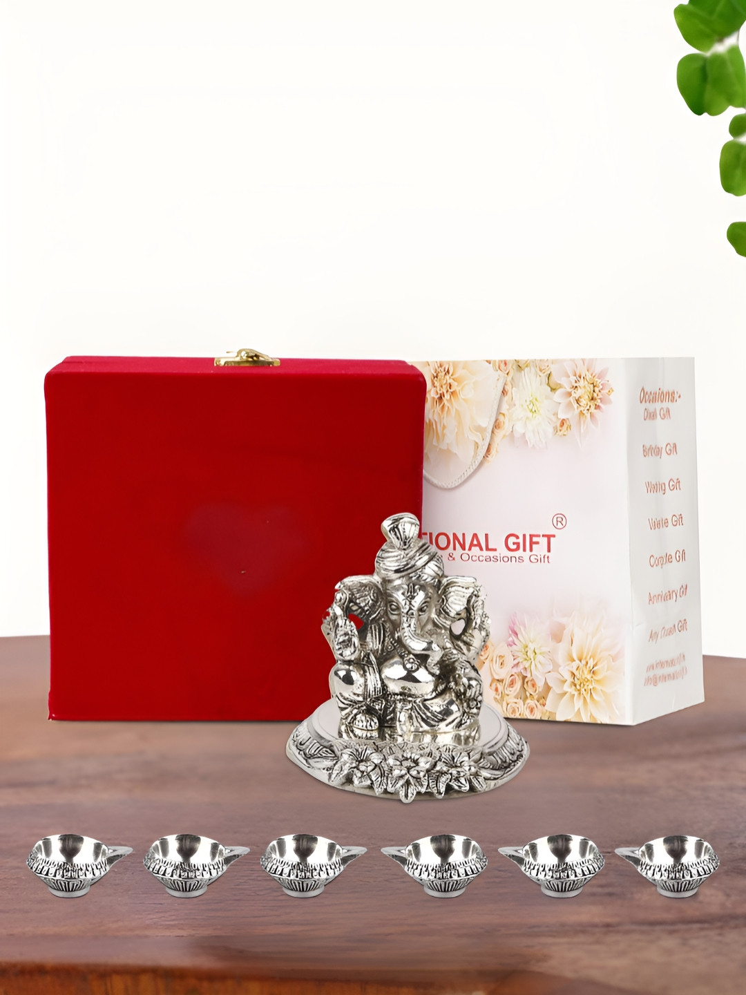 INTERNATIONAL GIFT Pagdi Ganesh Idol with 6 Diya, Velvet Box and Carry Bag Silver Metal Metallic Home Office Small Showpiece - 1.2 Inches