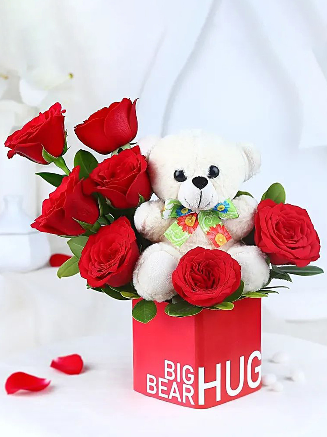 fnp Red Roses 7 Pieces With Teddy Bear