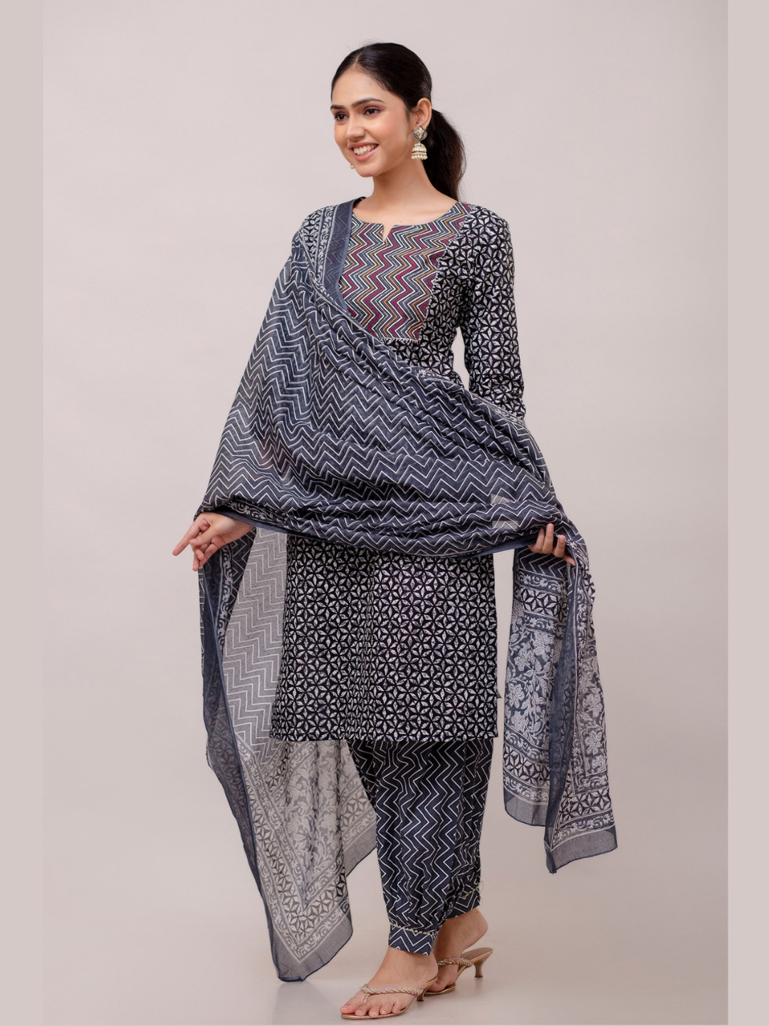 RAAKA Floral Printed Notch-Neck Pure Cotton Straight Kurta With Harem Pants And Dupatta