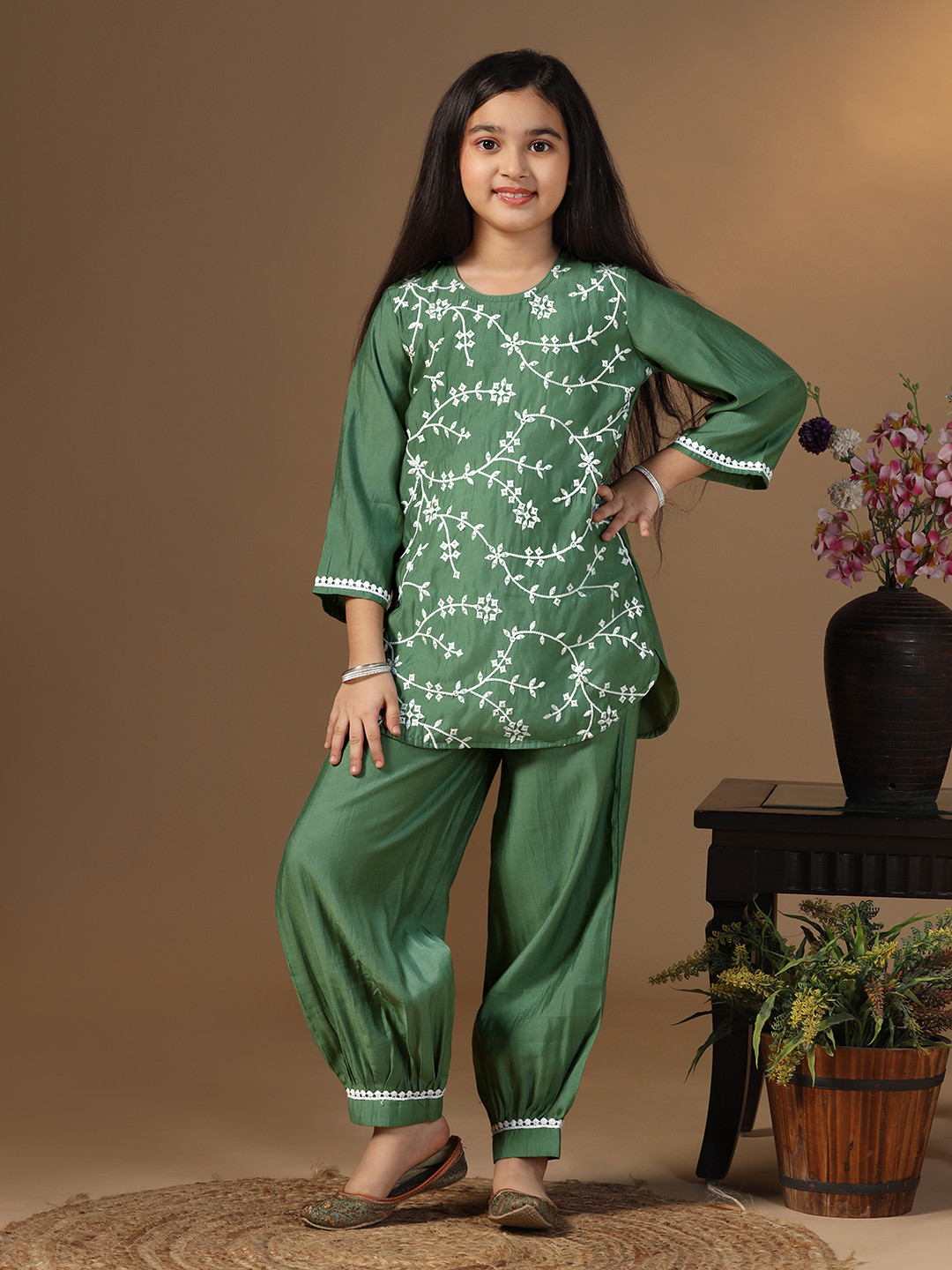 Sangria Olive Green Girls Floral Embroidered Thread Work Straight Kurti With Salwar