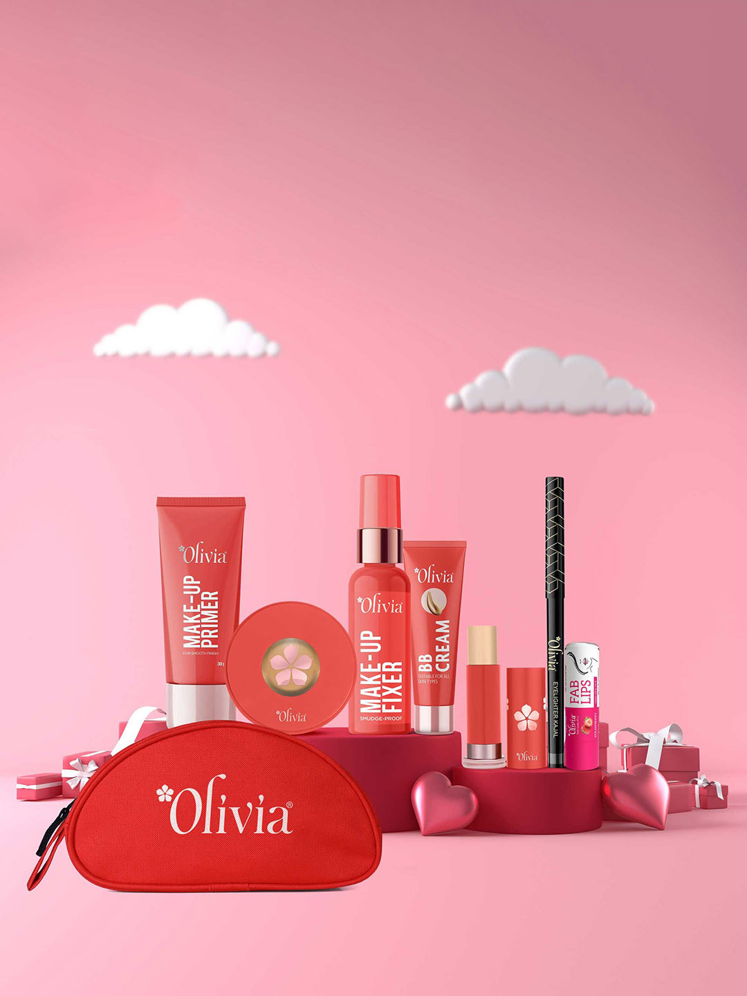 Olivia Set Of 7 Primer, BB Cream, Kajal, Foundation Stick & Powder, Fixer & Pouch