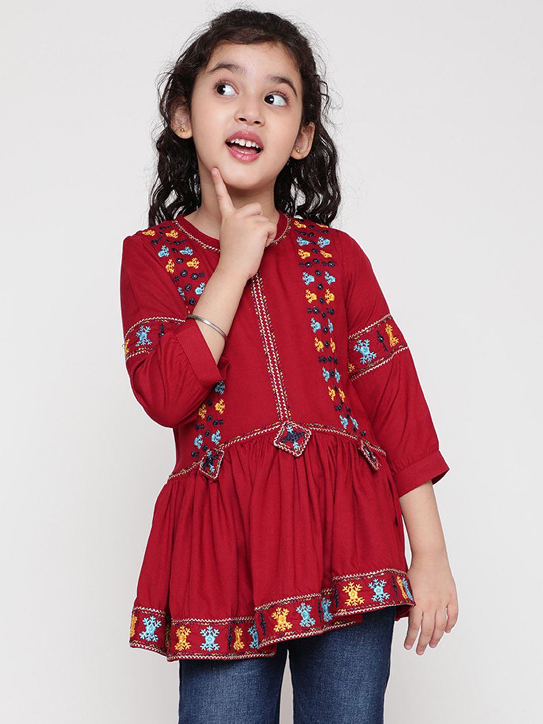 Ishti Girls Embroidered Cuffed Sleeves Peplum Top