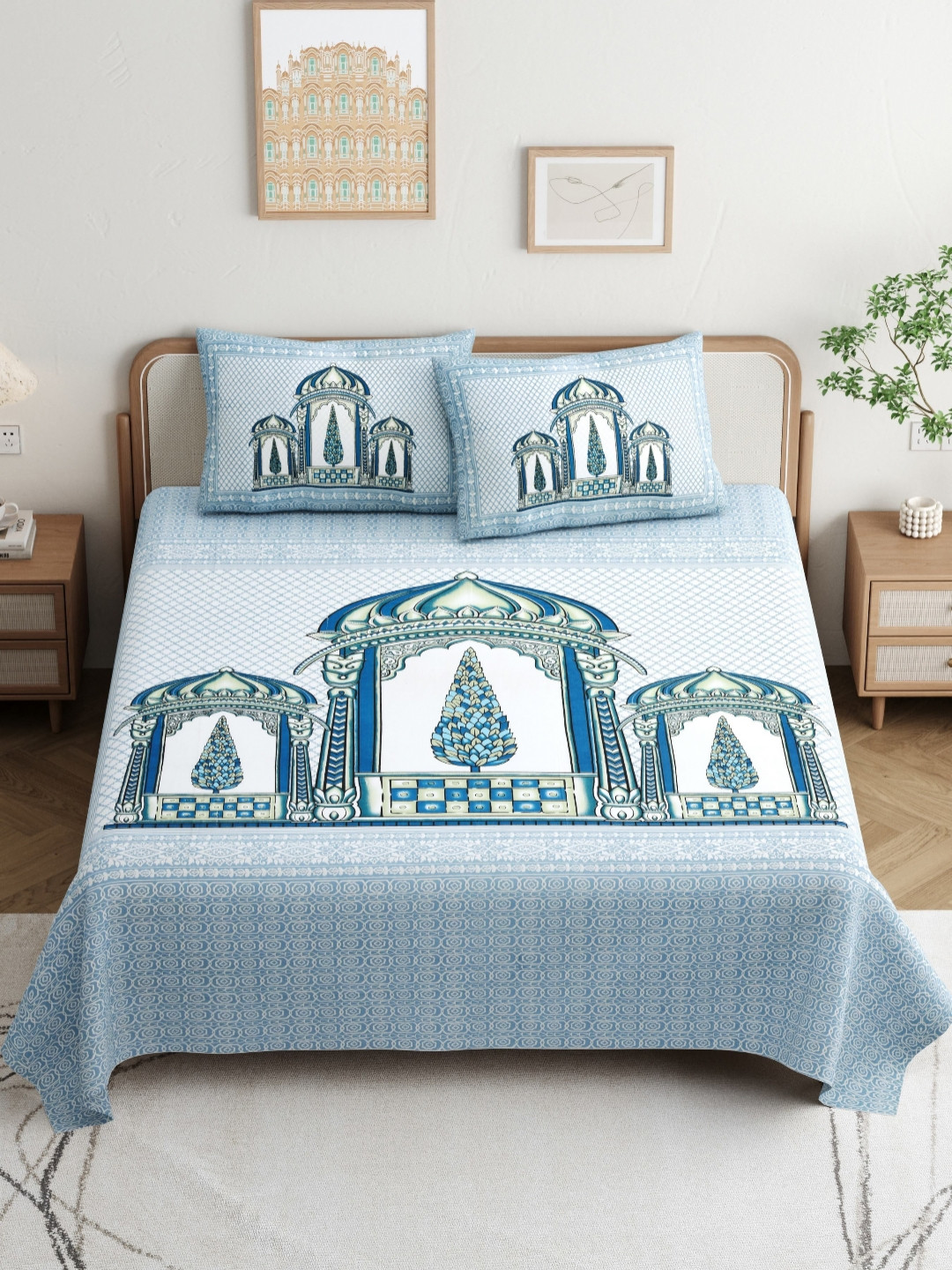 JAIPUR PRIME Magnet Blue Ethnic Motifs Pure Cotton 180 TC King Fine Bedsheet with 2 Pillow Covers-108 x 100 cm