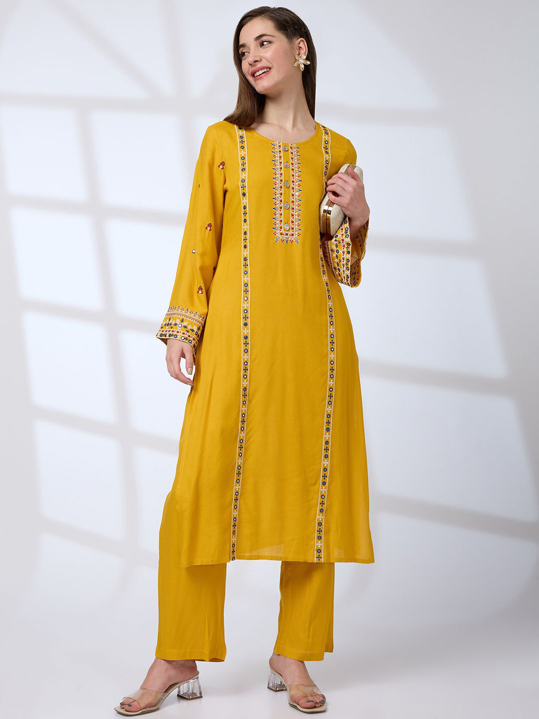 Globus Round Neck Bell Sleeves Embroidered A-Line Kurta With Straight Pants Festive Set