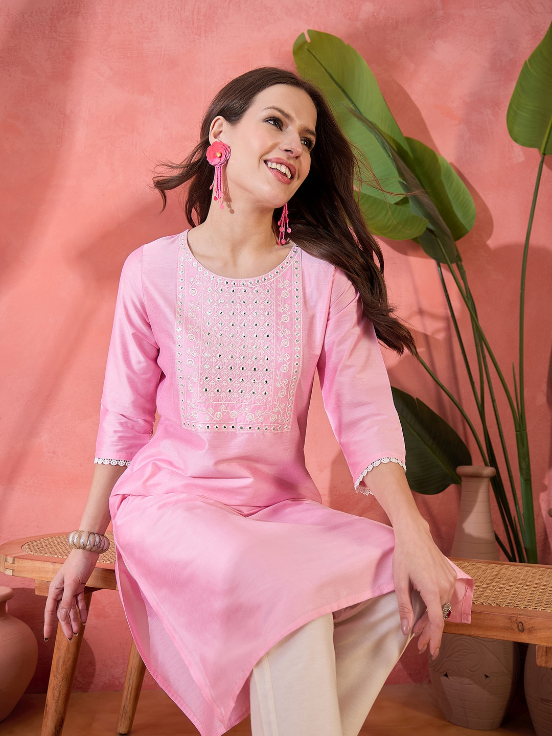 Sangria Pink Floral Yoke Design Embroidered Mirror Work Straight Kurta