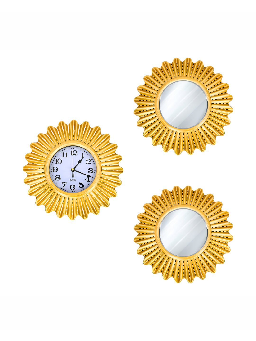 Myntra Elegant Homes Plastic Large Display 3 Pcs Floral Battery Analogue Mirrors Wall Clock
