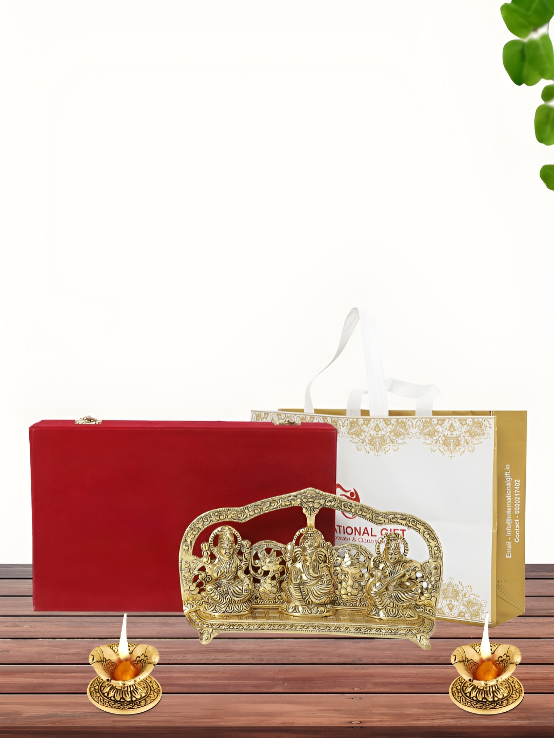 INTERNATIONAL GIFT Laxmi Ganesh Saraswati with Diya, Box and Carry Bag Gold Metal Metallic Prayer Room Set of 3 Medium Showpieces - 6 Inches
