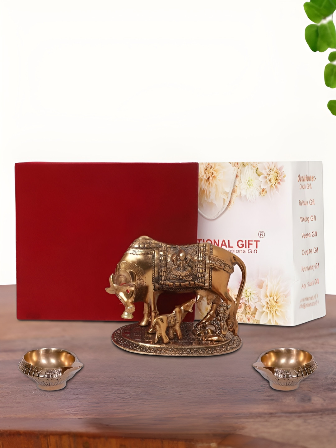 INTERNATIONAL GIFT Kamdhenu Cow with Diya Copper Metal Metallic Prayer Room Set of 3 Medium Showpieces - 6.3 Inches