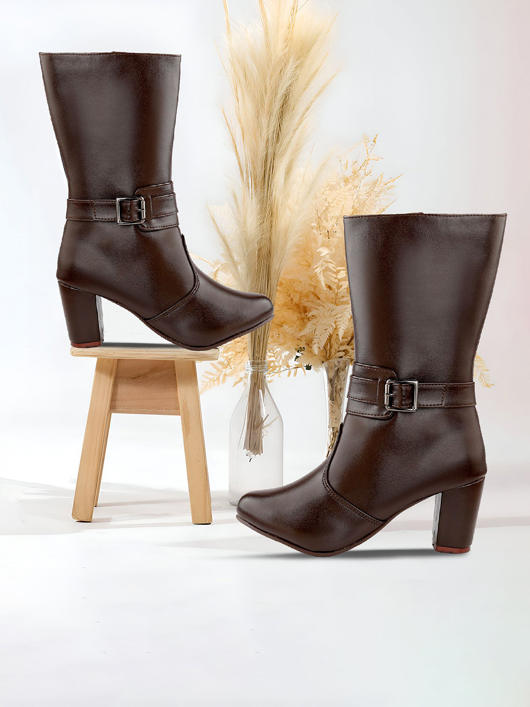 Bxxy Women High-Ankle Zipper Boots with Buckle Closure