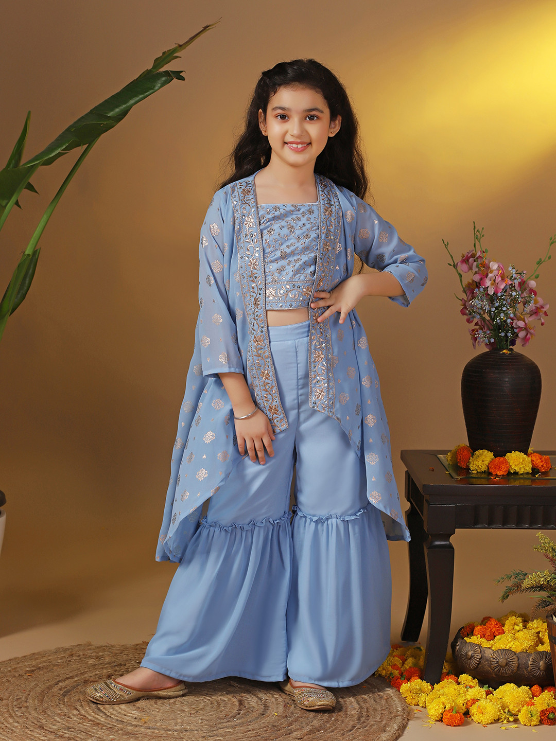 Sangria Girls Blue Floral Embroidered Sequinned Georgette Crop Top With Sharara And Shrug
