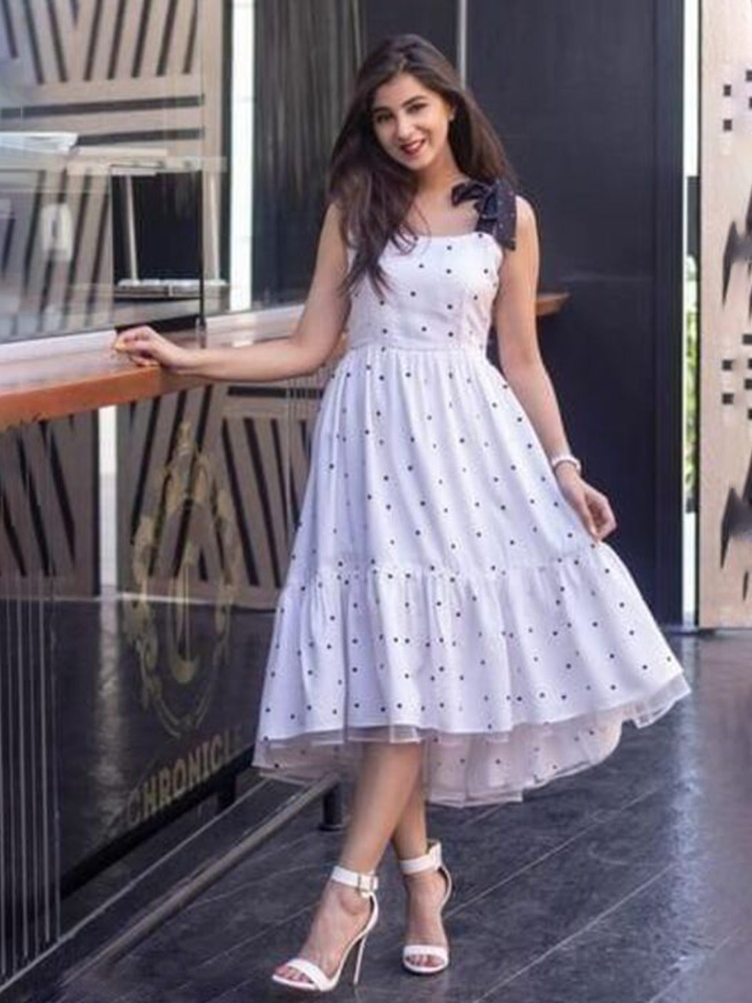 FLYING FEST Polka Dot Crepe Fit & Flare Midi Dress