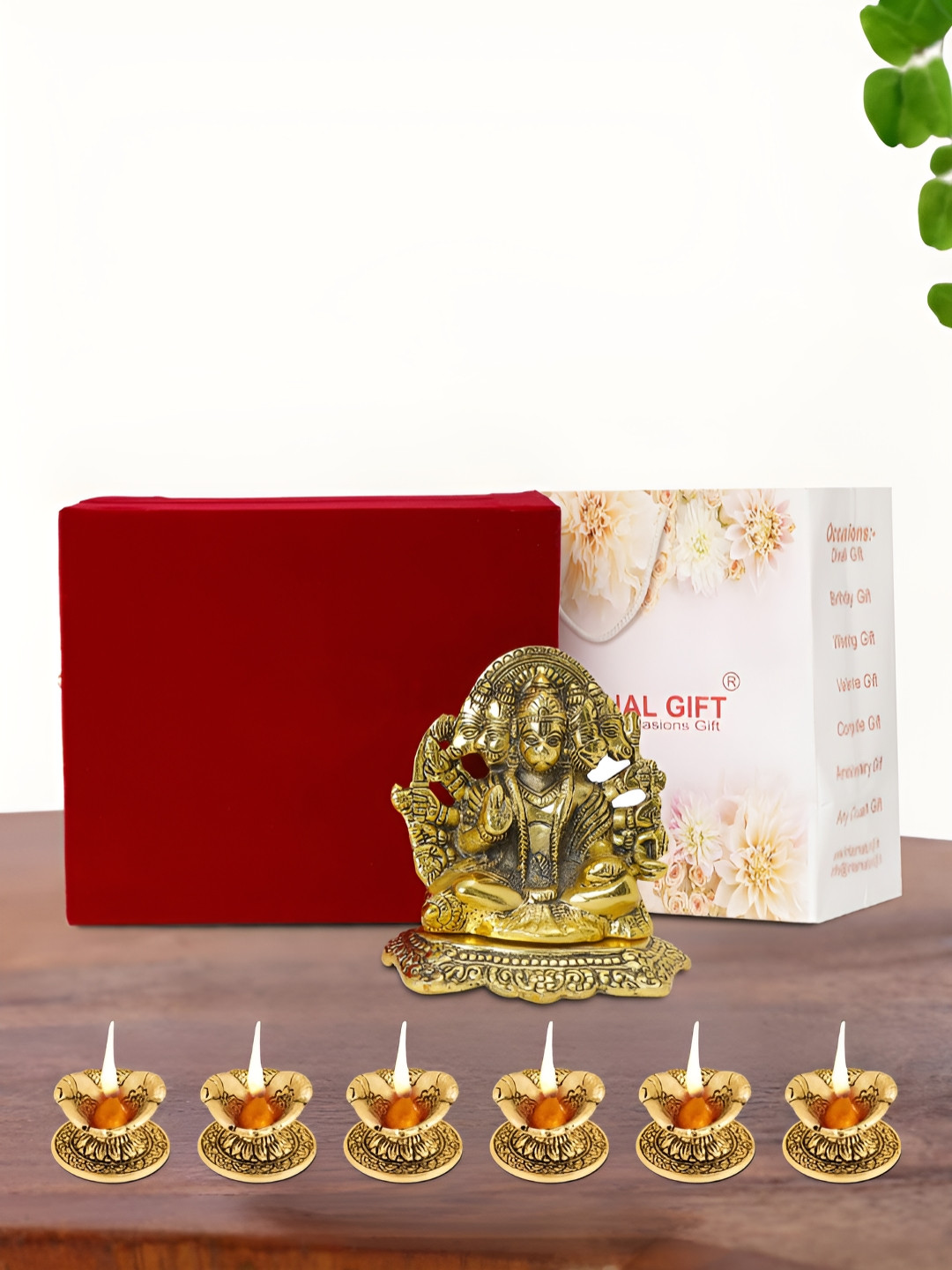INTERNATIONAL GIFT Panchmukhi Hanuman Idol with 6 Diya, Velvet Box and Carry Bag Gold Metal Metallic Prayer Room Small Showpiece - 5.5 Inches