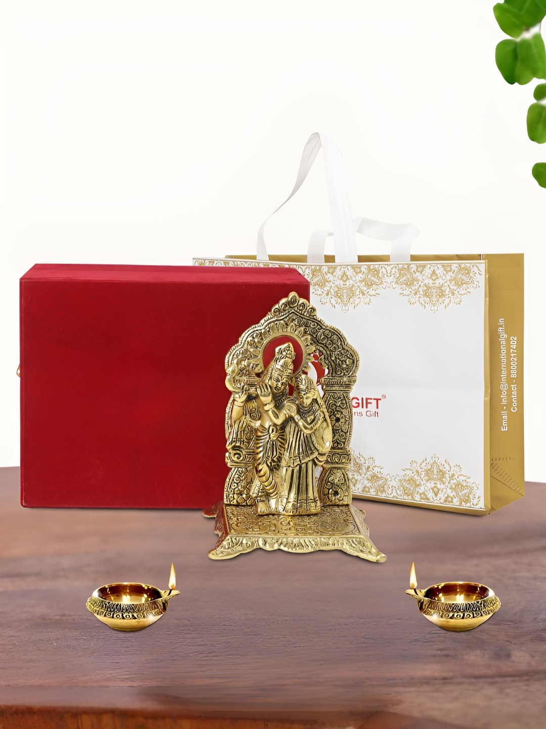 INTERNATIONAL GIFT Radha Krishna Chowki with Diya,Box and Carry Bag Gold Metal Metallic Prayer Room Set of 3 Medium Showpieces - 6.5 Inches