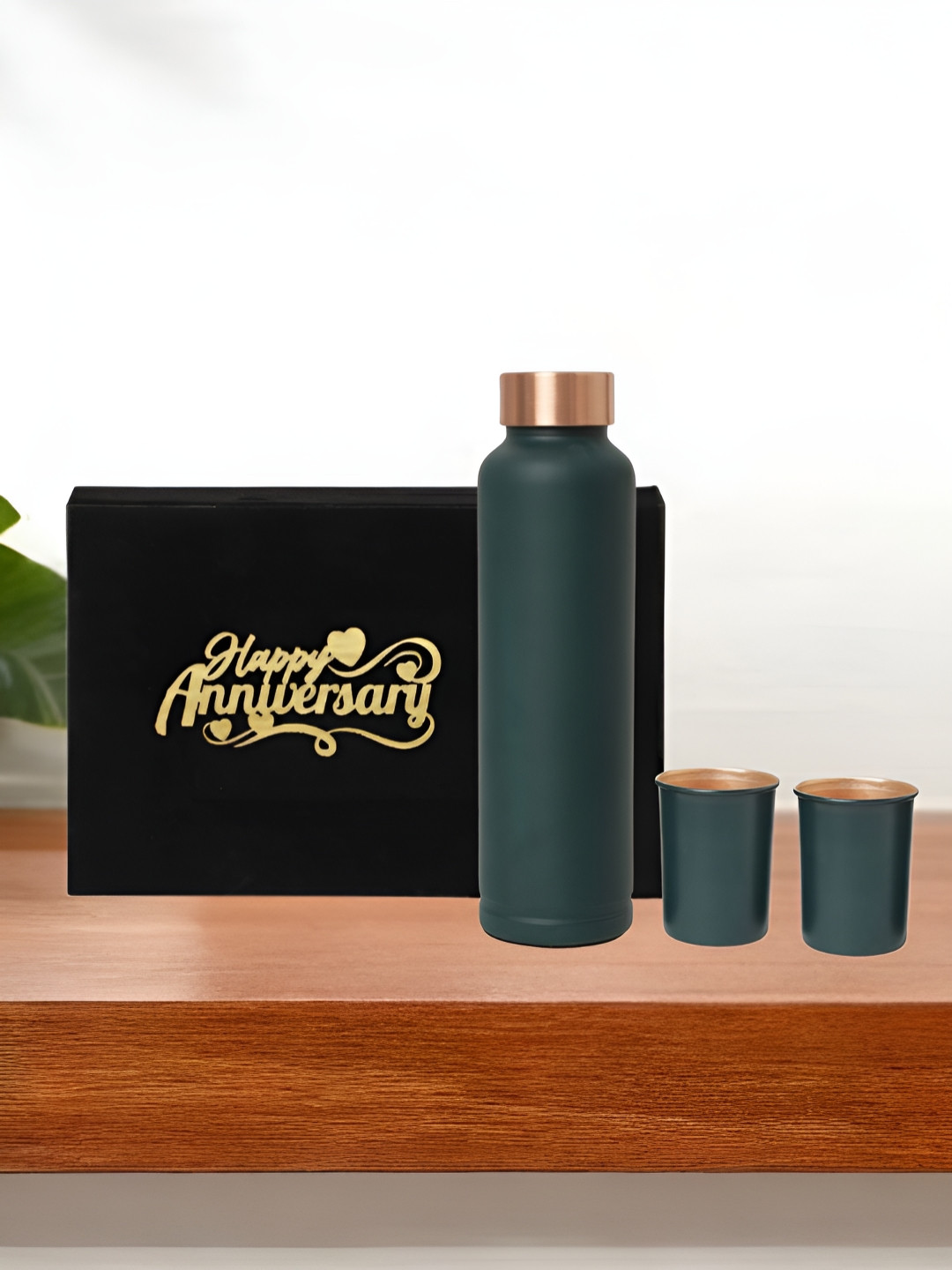 INTERNATIONAL GIFT Green 3 Pieces Pure Copper Single Water Bottle With Glass Home Gift Set
