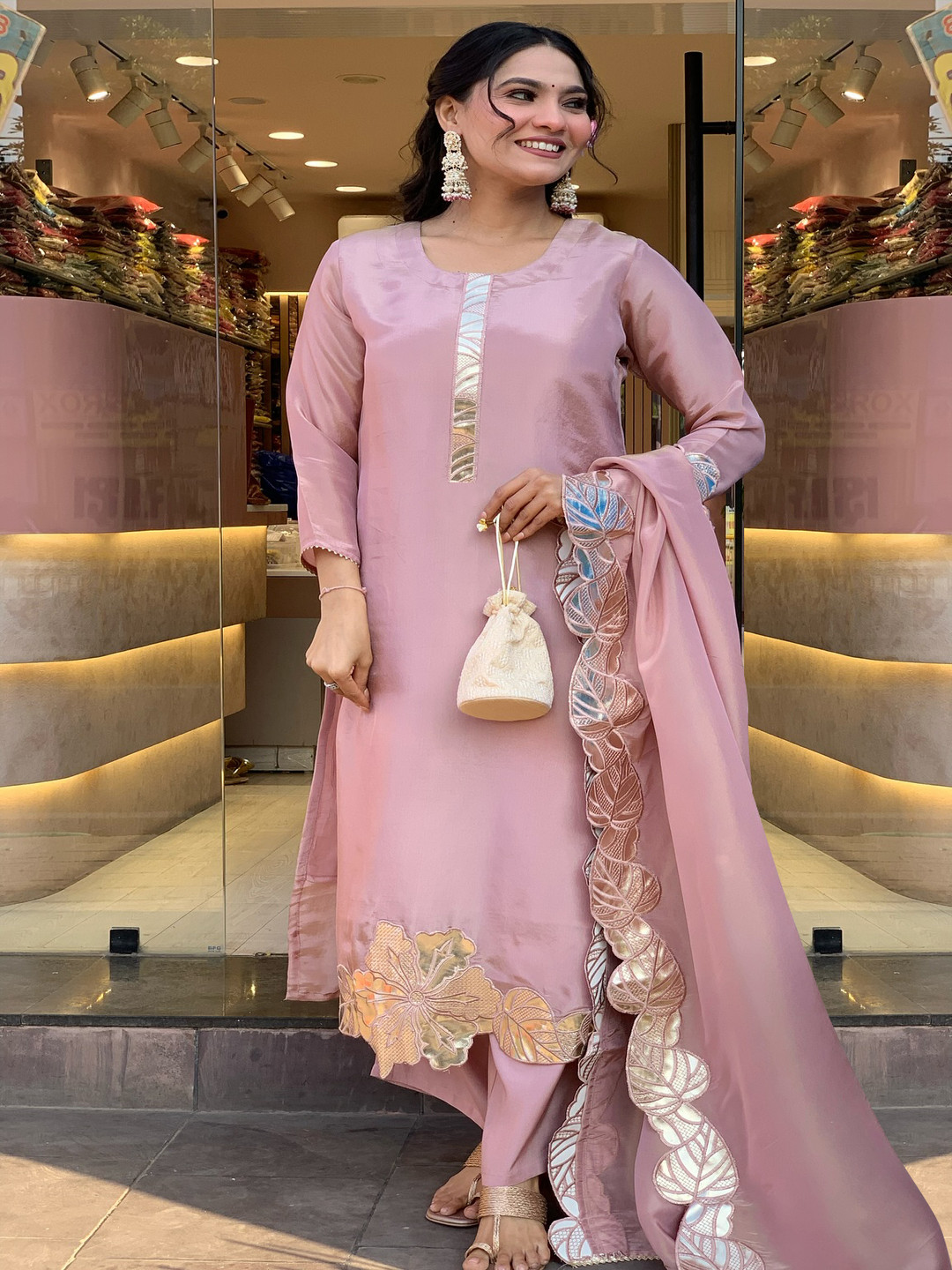 GoSriKi Meti Round Neck Straight Kurta With Palazzos & Dupatta