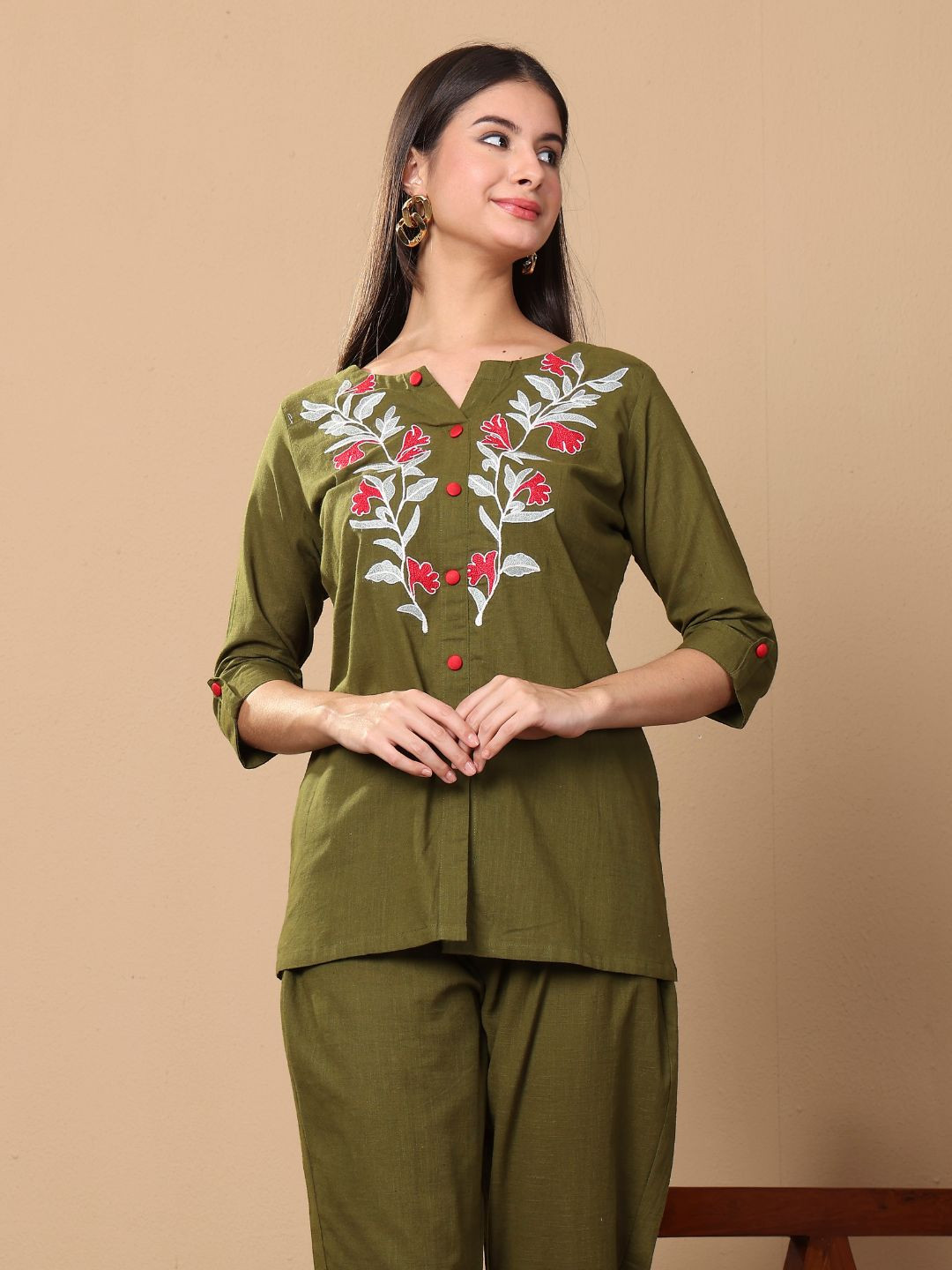 Lative Colours of Fashion Embroidered Notch Neck Linen Tunic With Trouser