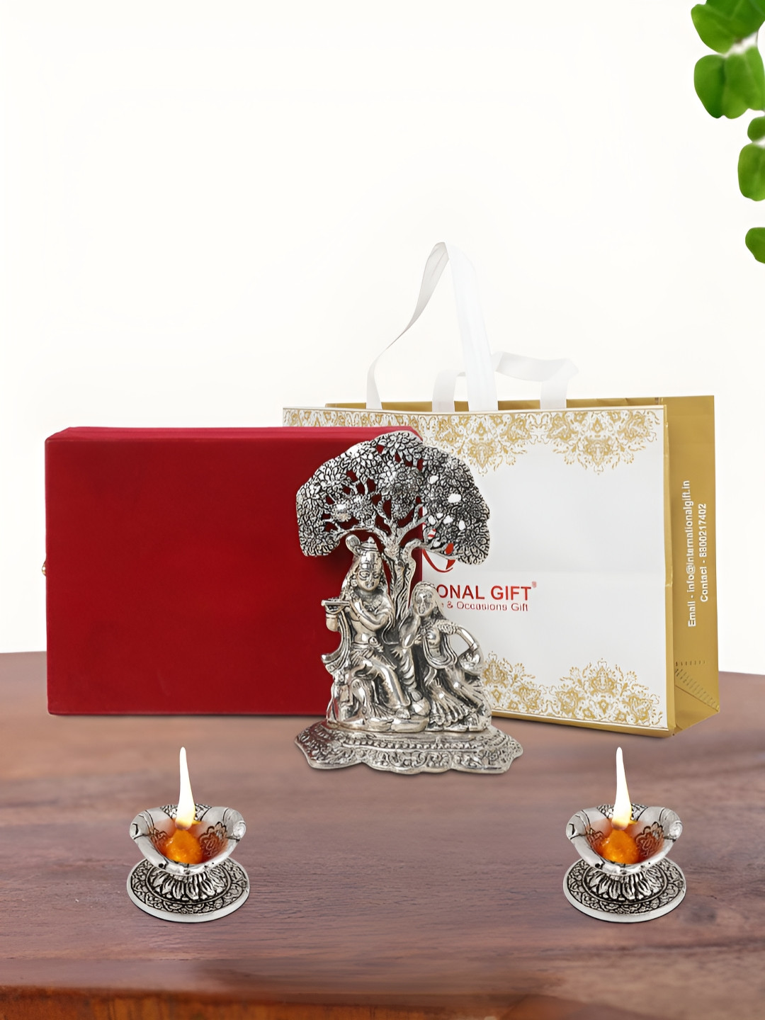 INTERNATIONAL GIFT Radha Krishna Idol with 2 Diya, Velvet Box and Carry Bag Silver Metal Metallic Prayer Room Medium Showpiece - 7 Inches