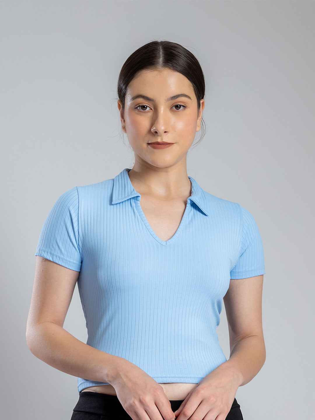 PYR8 Women Shirt Collared Striped Crop Fitted Top