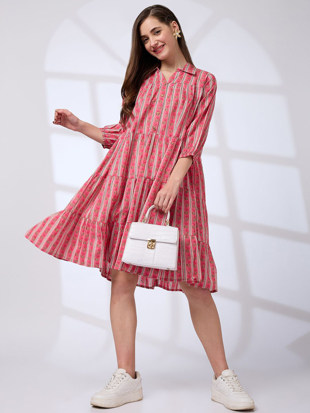 Globus Shirt Collar Regular Sleeves Floral Print A-line Tiered Work Wear Dress