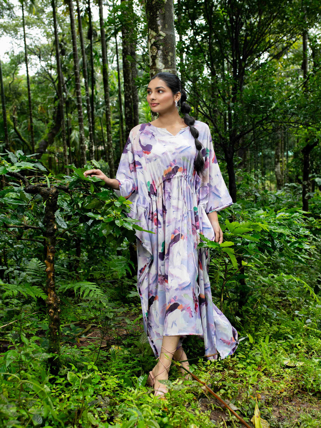 The Front Row Abstract Printed Notch Neck Flared Sleeves Kaftan Shape Maxi Dress