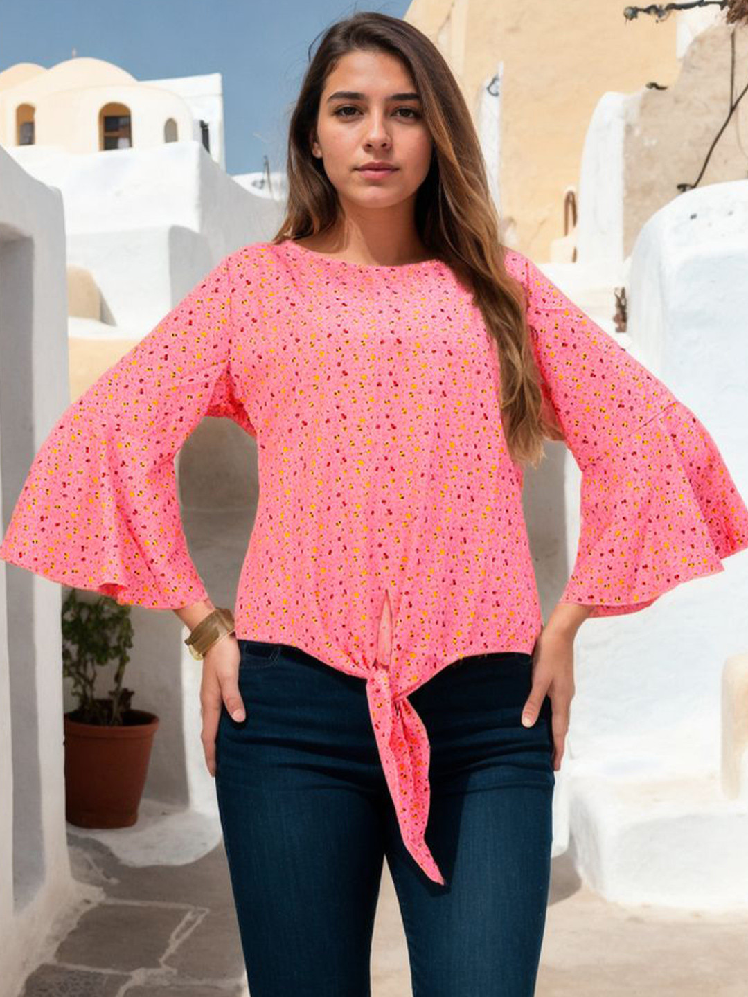 Bucciato Private Limited Women Abstract Printed Round Neck Cotton Top