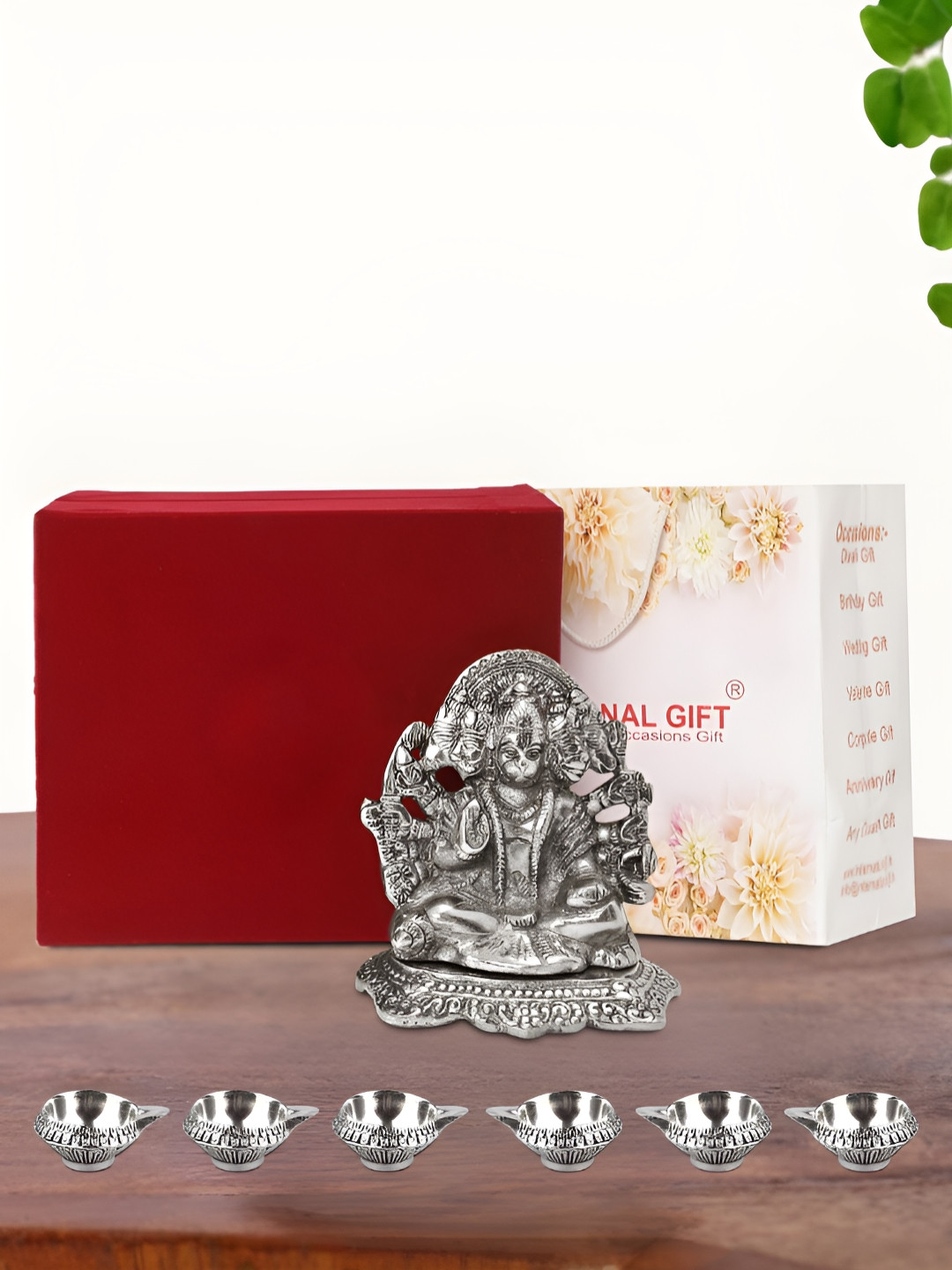 INTERNATIONAL GIFT Panchmukhi Hanuman Idol with 6 Diya, Velvet Box and Carry Bag Silver Metal Mirrored Prayer Room Lights Medium Showpiece - 5.5 Inches