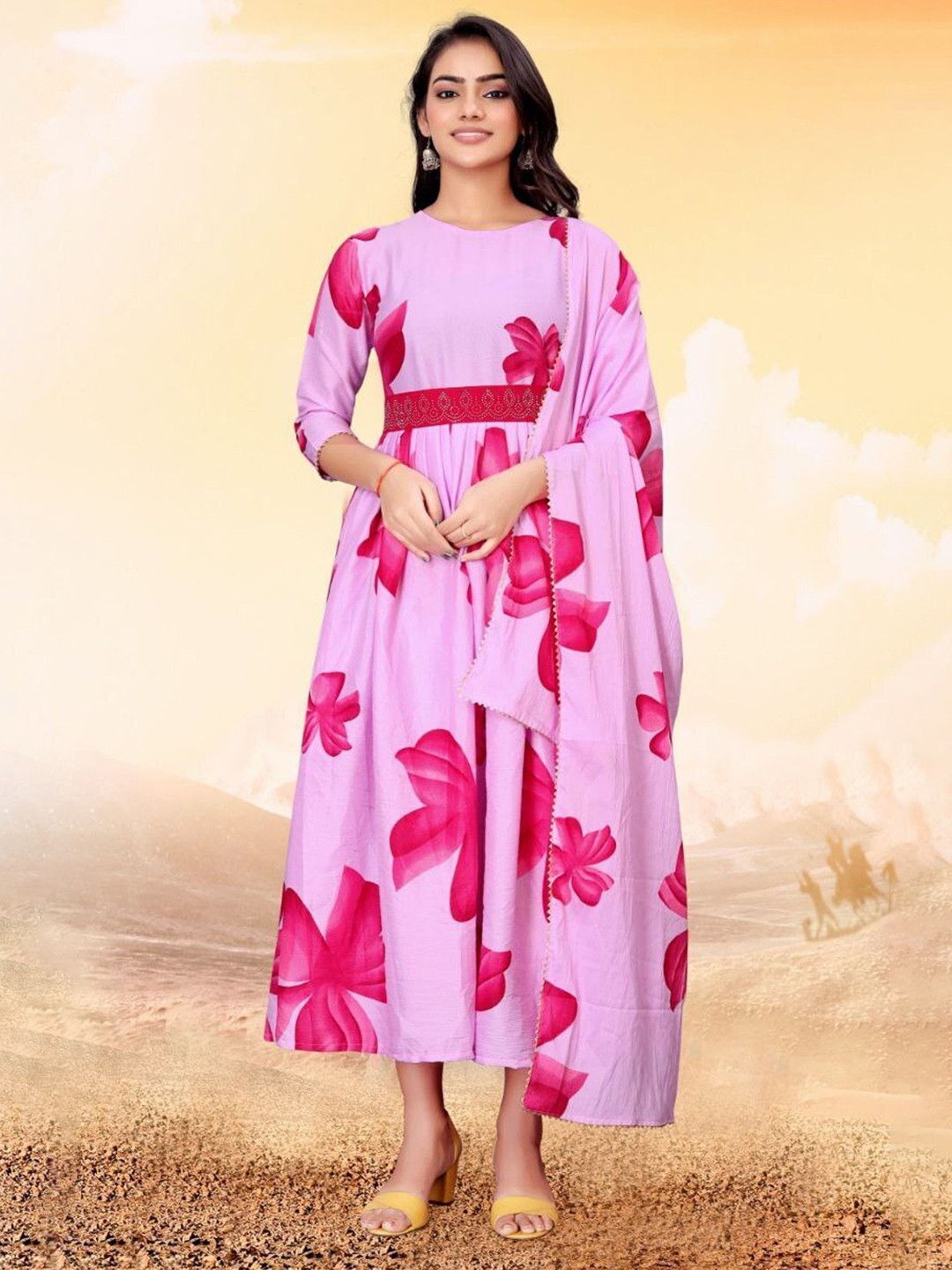 Raiyani Enterprise Womens Floral Printed Fit & Flare Cotton Midi Ethnic Dress With Dupatta