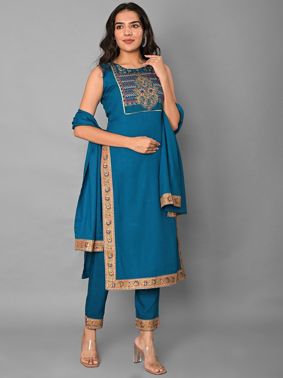 Clothy N Wave Floral Embroidered Thread Work Straight Kurta With Trousers & Dupatta