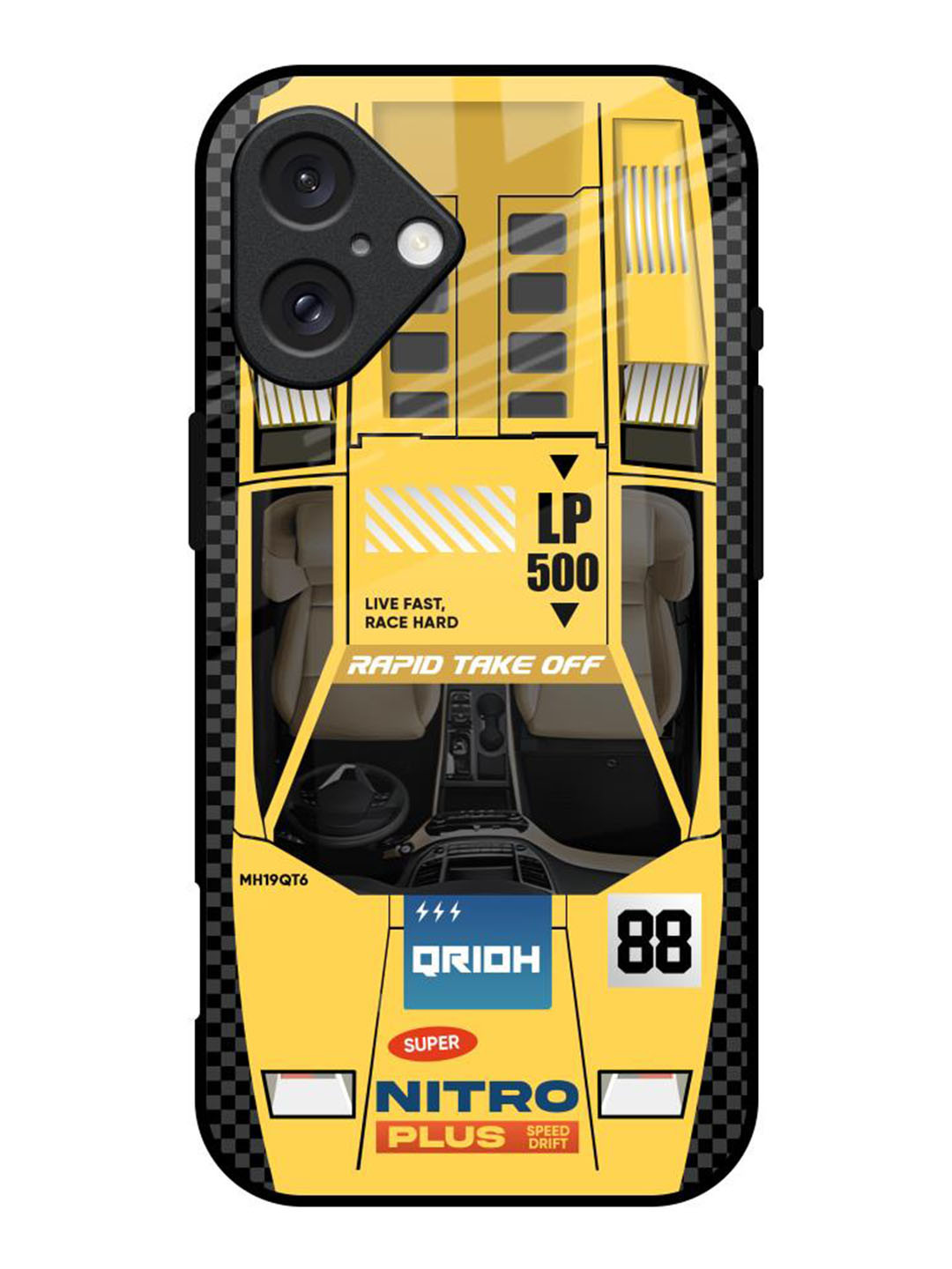 QRIOH Yellow Racing Car Printed iPhone 16 Back Case