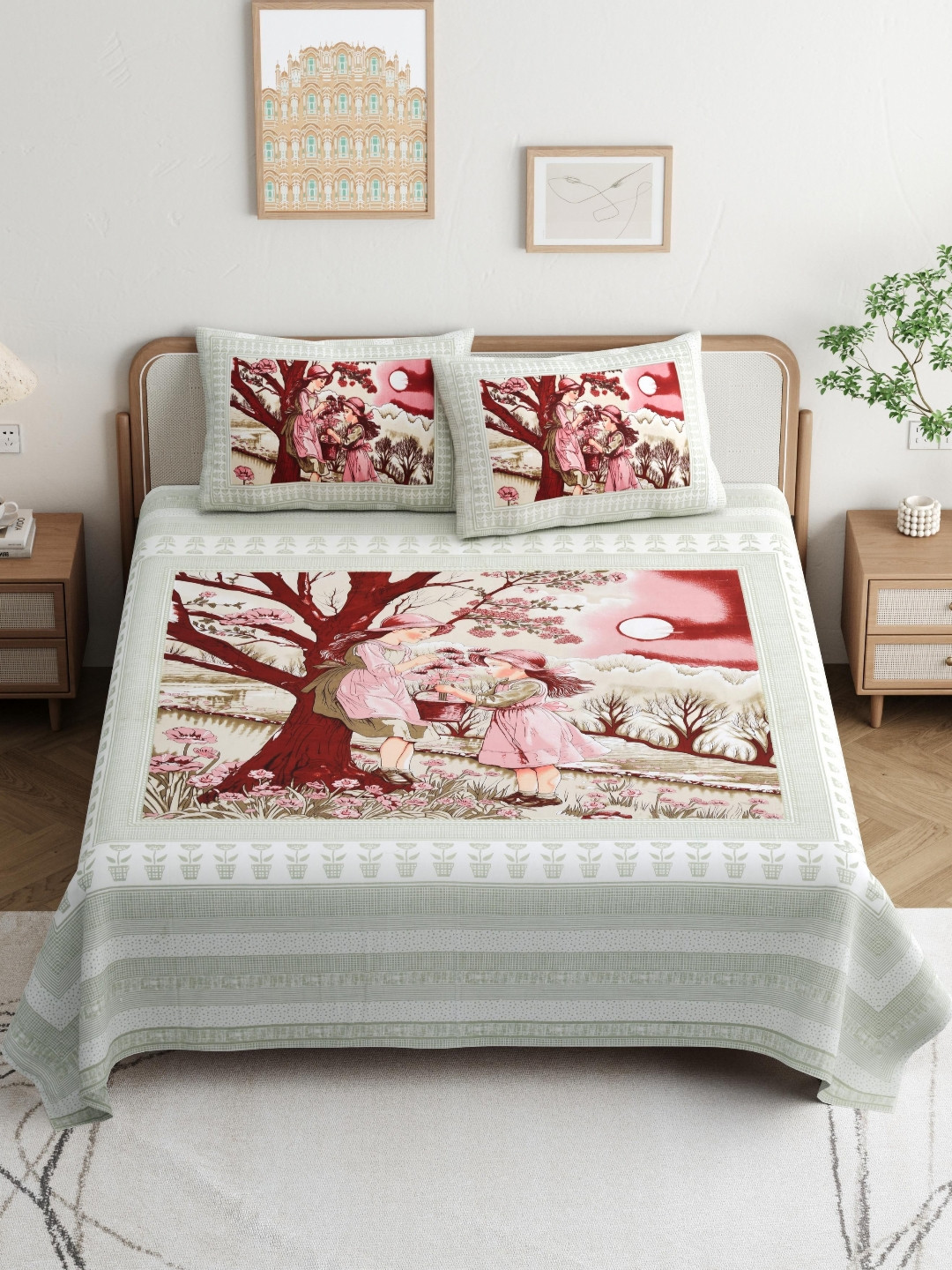 JAIPUR PRIME Magnet Beige Ethnic Motifs Pure Cotton 180 TC King Fine Bedsheet with 2 Pillow Covers-43 x 39 inches