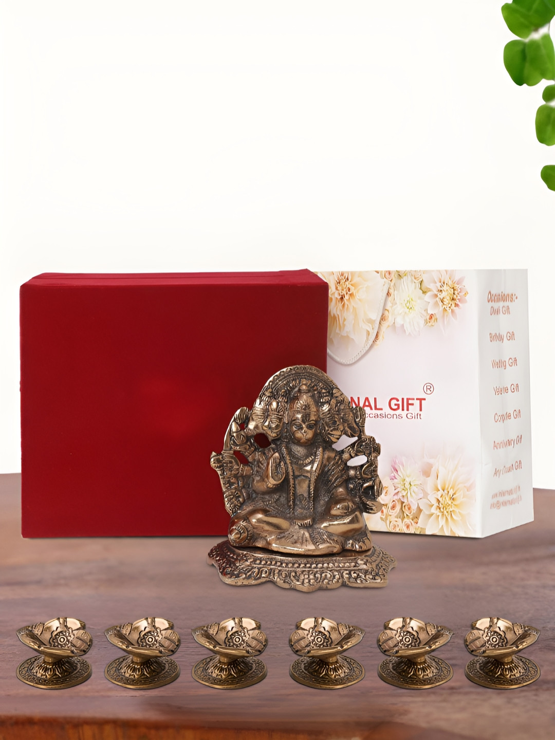 INTERNATIONAL GIFT Panchmukhi Hanuman Idol with 6 Diya, Velvet Box and Carry Bag Copper Metal Metallic Prayer Room Medium Showpiece - 5.5 Inches