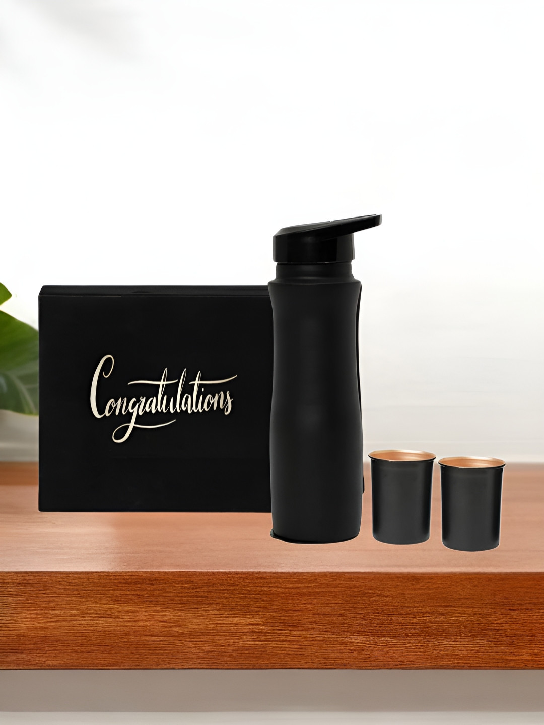 INTERNATIONAL GIFT Black 3 Pieces Pure Copper Water Bottle With Glass 950 ml Gift Set