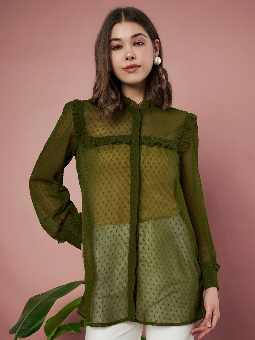 Slenor Women Semi Sheer Mandarin Collar Shirt