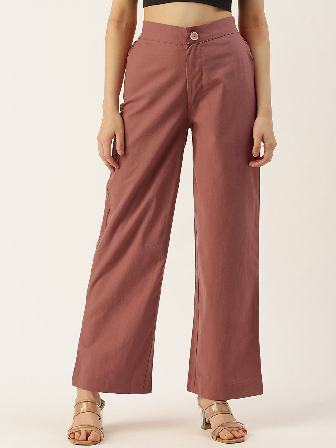 VYMO Women Straight Fit Cotton High-Rise Trousers