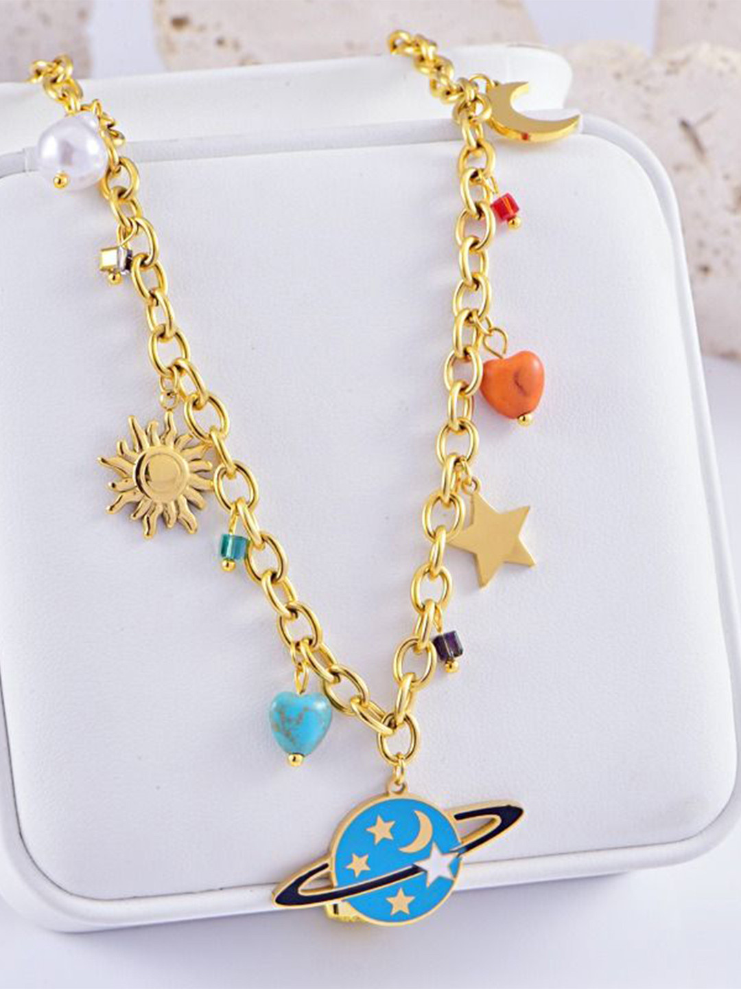 VIEN Stainless Steel Gold-Plated Unique Multiple Charm & Pearl Beaded Minimal Necklace