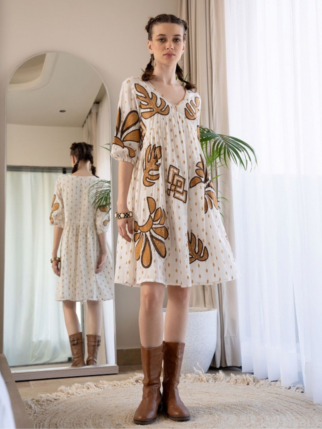 Zolo Label  Women Off White Brown Embroidered Mini Dresses