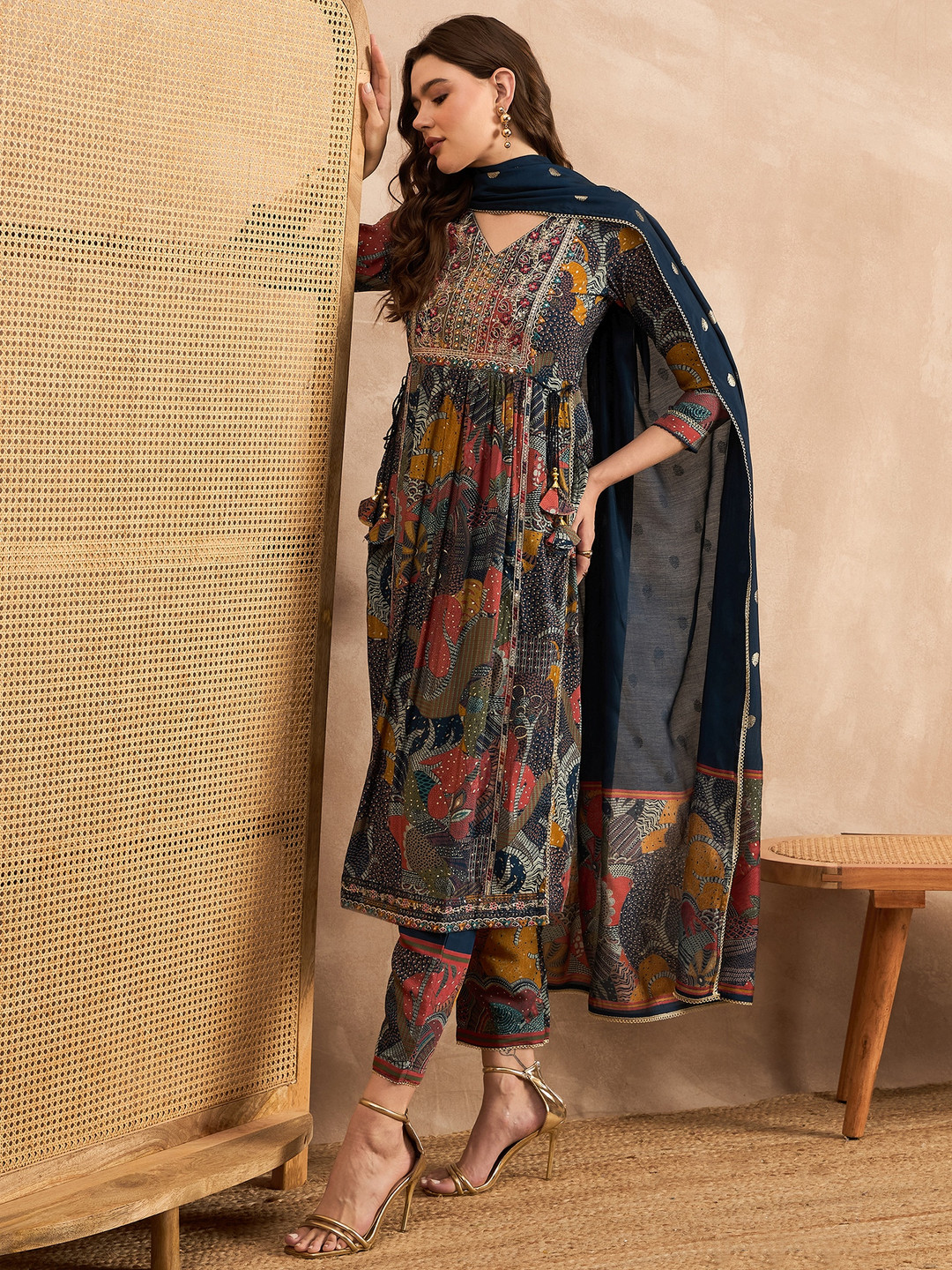 CHETI Ethnic Motifs Embroidered Pleated Chanderi Silk A-Line Kurta with Trousers & Dupatta