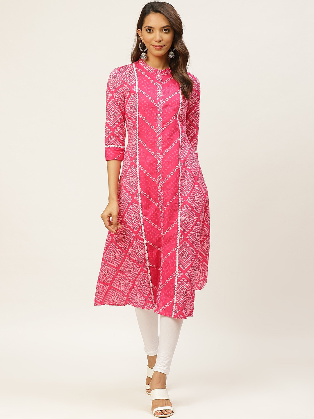 JAPER KURTI Bandhani Printed Band Collar Pure Cotton Kurta