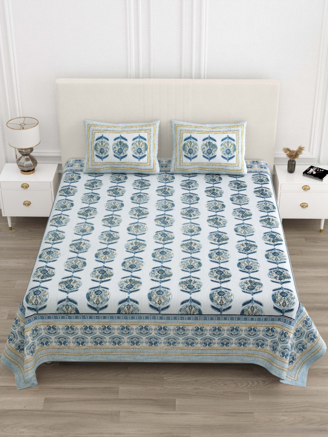 JAIPUR PRIME White Ethnic Motifs Cotton 180 TC King Fine Bedsheet with 2 Pillow Covers-274 x 254 cm