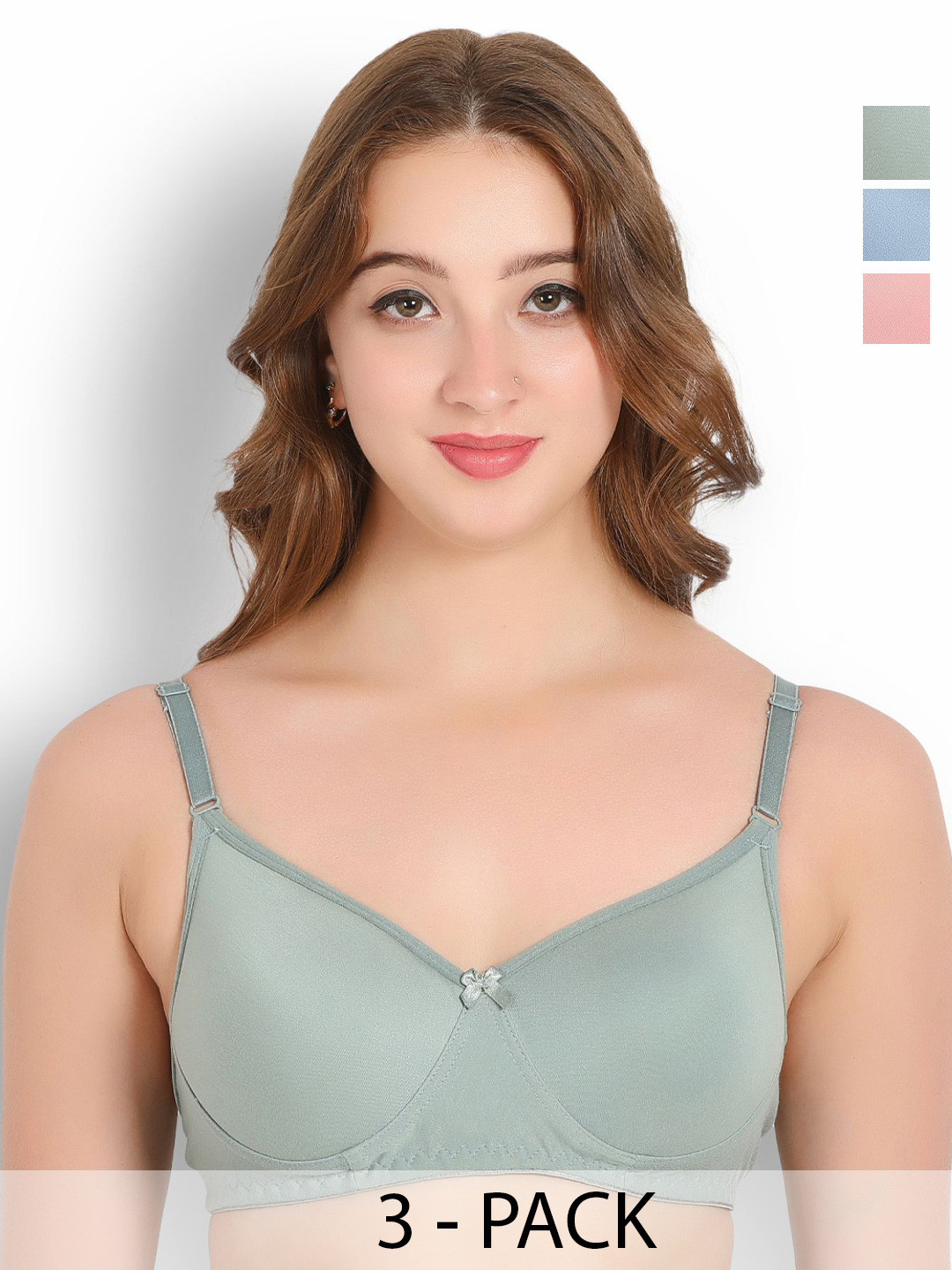 Famup Pack Of 3 Double Layered Non-Wired Full Coverage Cotton Padded Bra