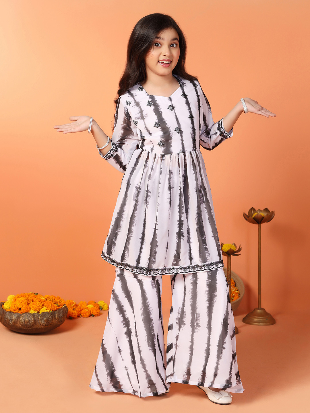 Sangria White Girls Shibori Dyed Empire Sequinned Georgette Anarkali Kurti With Sharara
