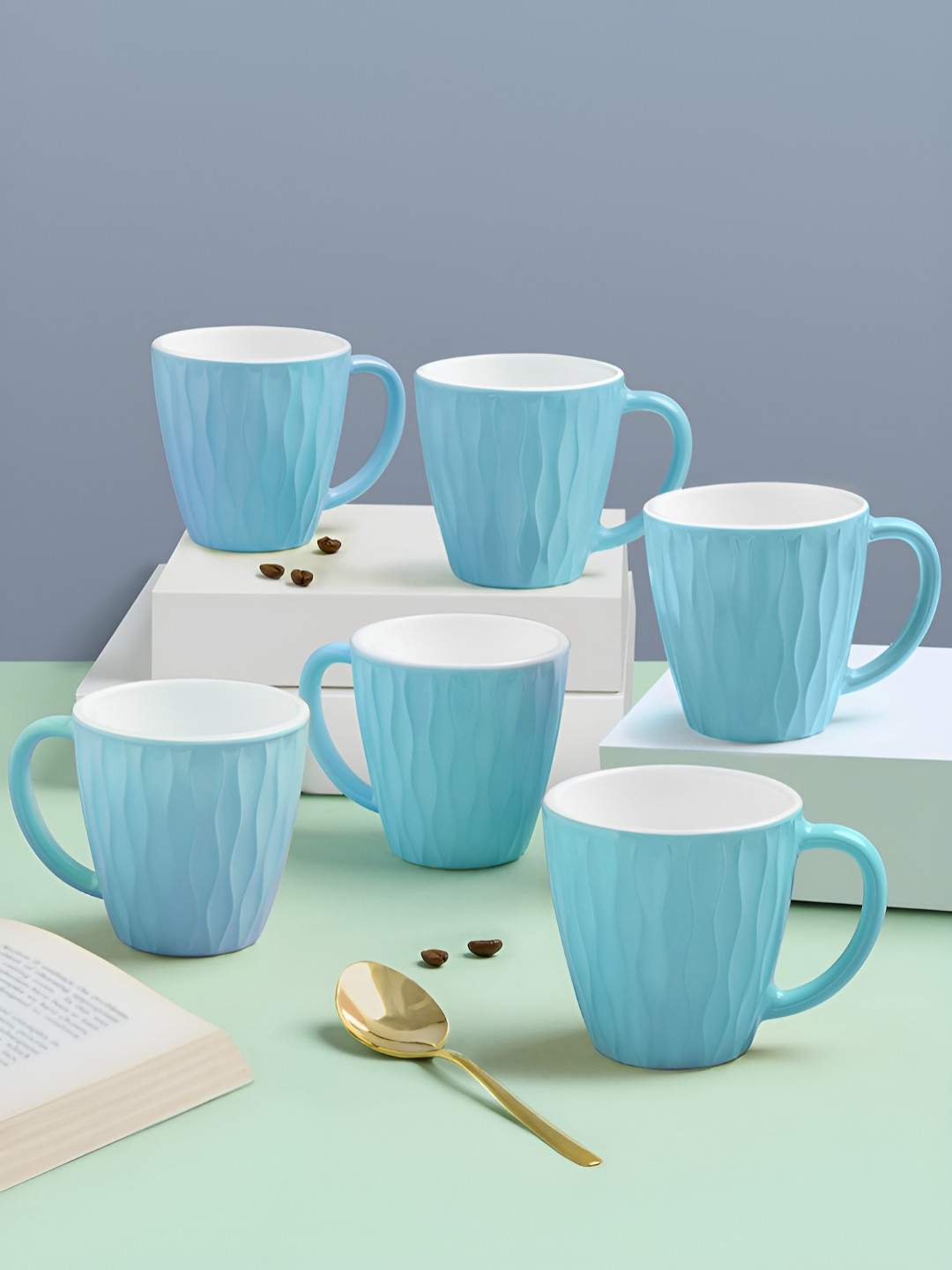 Larah by BOROSIL Ring Round Blue Textured Opalware Handmade 6 Piece Mugs-200ml